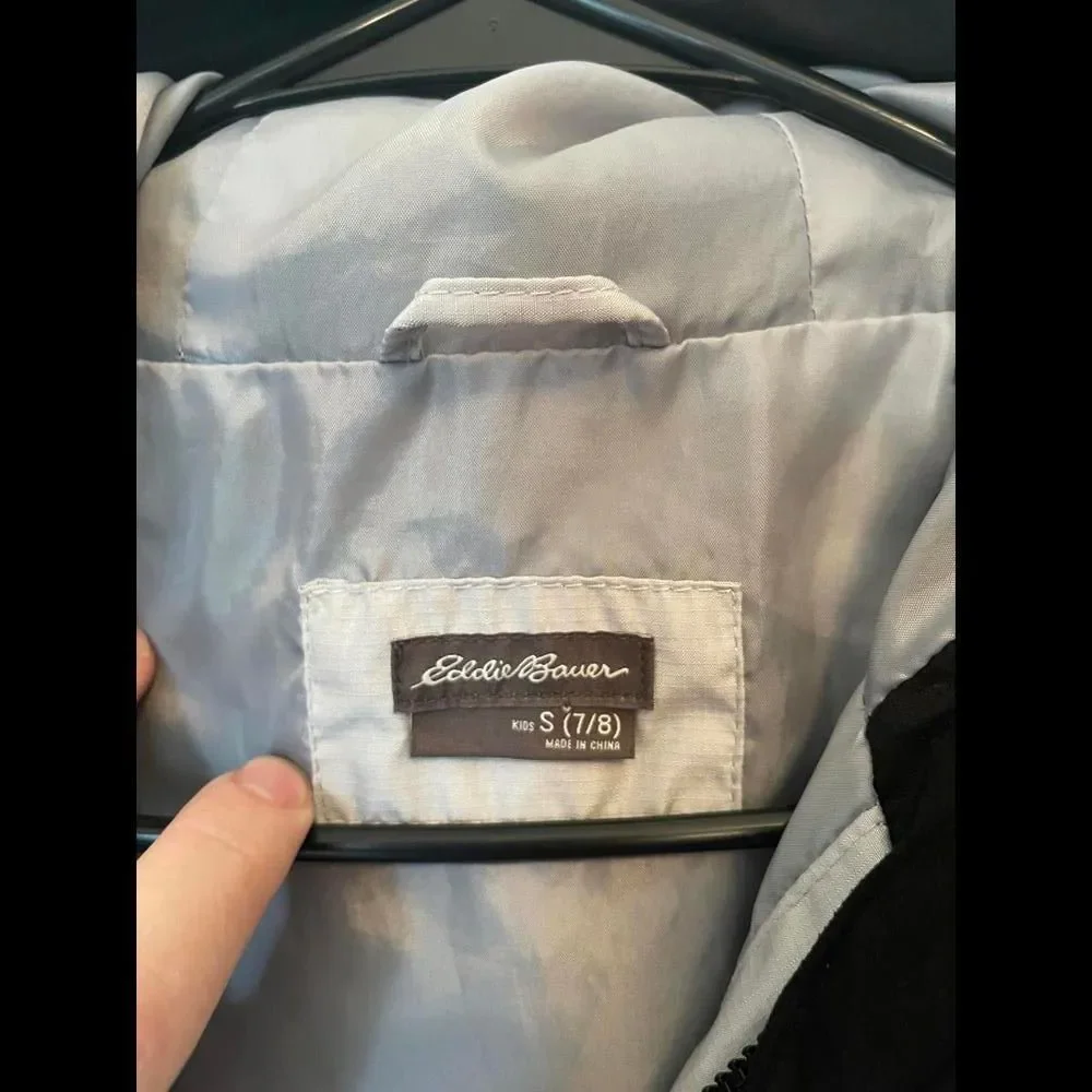 Eddie Bauer Windbreaker Jacket Full Zip Hooded Black Gray Kids Size Small (7/8)